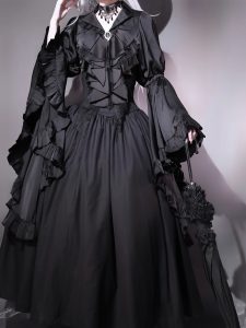 dreaming of a lolita top shirt with long sleeves, dark gothic style and a v neck slimming base layer