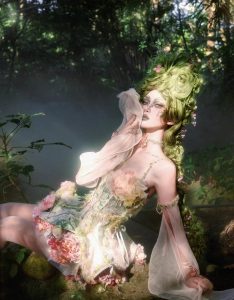 forest spirit flower goddess fishbone chest dress, fairy like and ethereal dress