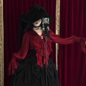 dreaming of a lolita top shirt with long sleeves, dark gothic style and a v neck slimming base layer