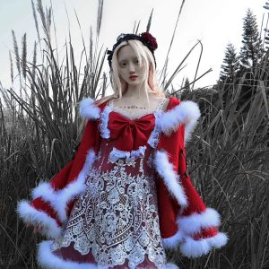 Home christmas worship gothic bow pu plush woolen coat coat