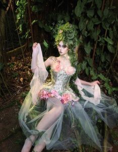 forest spirit flower goddess fishbone chest dress, fairy like and ethereal dress