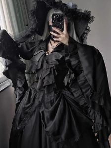 dreaming of a lolita top shirt with long sleeves, dark gothic style and a v neck slimming base layer