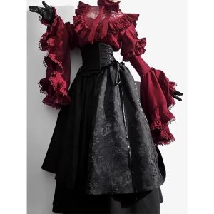 a gorgeous and elegant young lady in a black and red gothic style lolita dress, shirt and sleeve suit