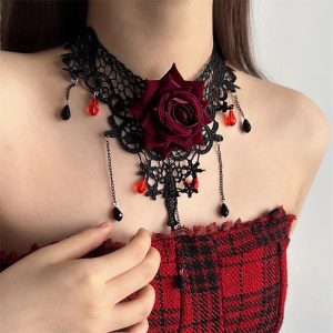 Dark Gothic style lace rose flower choker neck strap, neck accessory necklace, women's neck chain accessory midnight gala maxi dress