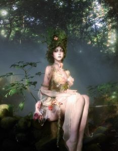 forest spirit flower goddess fishbone chest dress, fairy like and ethereal dress