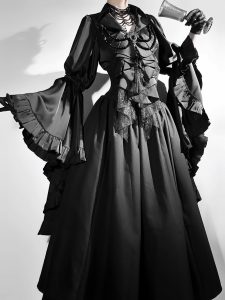 dreaming of a lolita top shirt with long sleeves, dark gothic style and a v neck slimming base layer