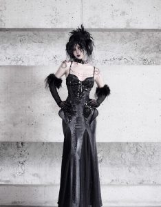 snake eye shadow, snake patterned elastic gothic halter dress, evening dress, fishtail dress for christmas