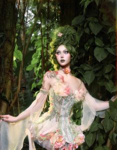 forest spirit flower goddess fishbone chest dress, fairy like and ethereal dress