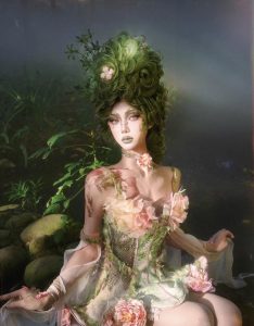 forest spirit flower goddess fishbone chest dress, fairy like and ethereal dress