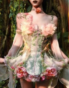 forest spirit flower goddess fishbone chest dress, fairy like and ethereal dress