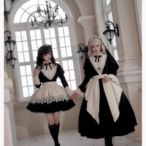 lolita gothic sister black long and short op sleeve apron