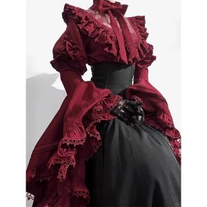 a gorgeous and elegant young lady in a black and red gothic style lolita dress, shirt and sleeve suit