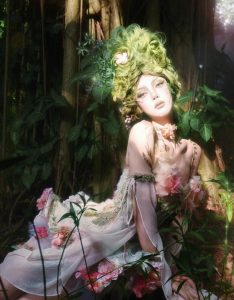 forest spirit flower goddess fishbone chest dress, fairy like and ethereal dress