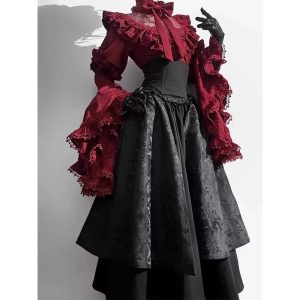 a gorgeous and elegant young lady in a black and red gothic style lolita dress, shirt and sleeve suit