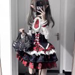 american hot girl lolita dress, color blocking belted corset shirt, puffy dress, lolita princess dress