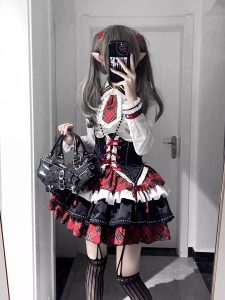 american hot girl lolita dress, color blocking belted corset shirt, puffy dress, lolita princess dress