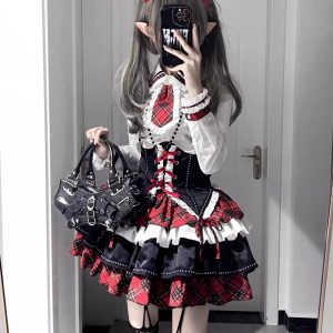 american hot girl lolita dress, color blocking belted corset shirt, puffy dress, lolita princess dress