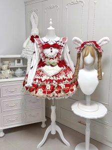 Sweet and cute strawberry Lolita dress with a doll collar, jsk flower bud, white shirt, Lolita for Christmas and New Year auto draft
