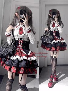 american hot girl lolita dress, color blocking belted corset shirt, puffy dress, lolita princess dress