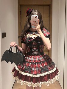 black rabbit, black and red checkered dress, lolita dress for christmas and new year