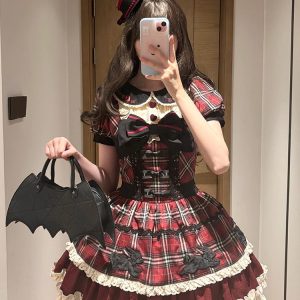black rabbit, black and red checkered dress, lolita dress for christmas and new year
