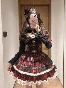 black rabbit, black and red checkered dress, lolita dress for christmas and new year