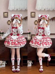Sweet and cute strawberry Lolita dress with a doll collar, jsk flower bud, white shirt, Lolita for Christmas and New Year auto draft