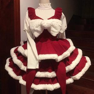 lolita christmas and new year outfits: cute girl puffed sleeve tops, bow halter cake skirts, autumn and winter sets