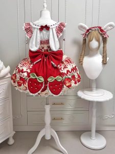Sweet and cute strawberry Lolita dress with a doll collar, jsk flower bud, white shirt, Lolita for Christmas and New Year auto draft